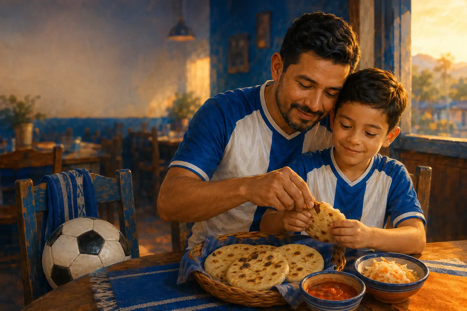 Ilustración de un papá y su hijo compartiendo pupusas salvadoreñas