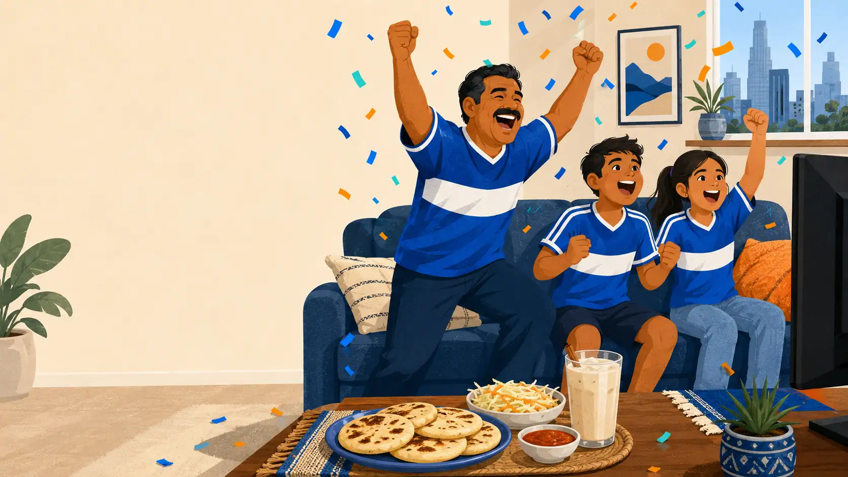 Ilustración de una familia salvadoreña celebrando un gol con pupusas y horchata en la mesa